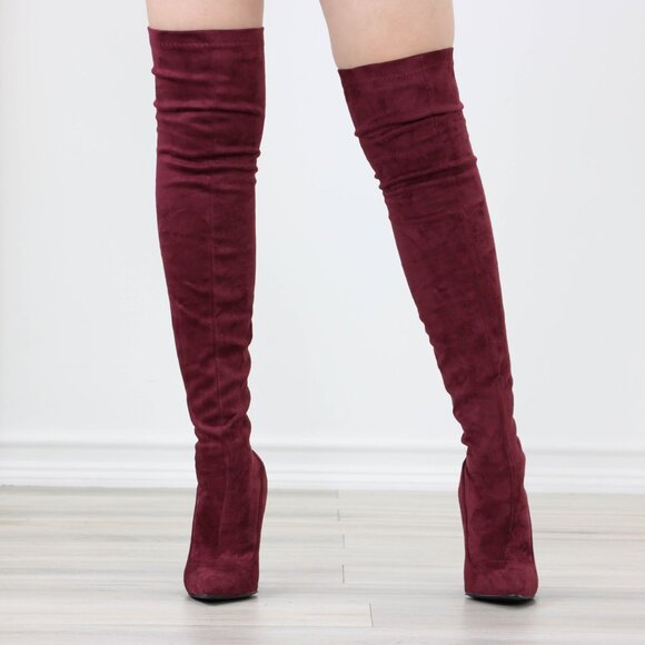 Burgundy Over-the-Knee Boots Pointed Toe Faux Suede Stiletto Heel - Picture 10 of 15